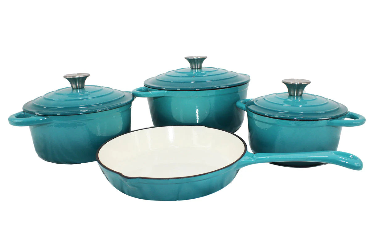 7-piece cast iron cookware set get a 12 Ceremic Dinner set FREE