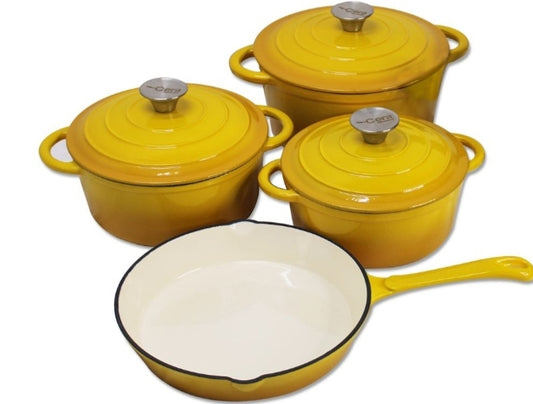 7-piece cast iron cookware set get a 12 Ceremic Dinner set FREE